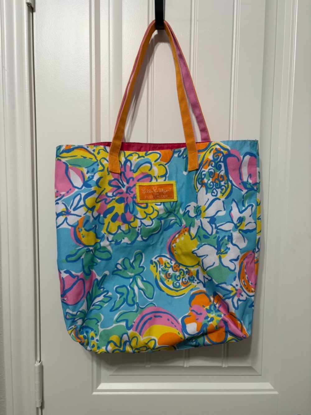 Lilly Pulitzer Turquoise Floral Canvas Tote with Pink & Orange Details